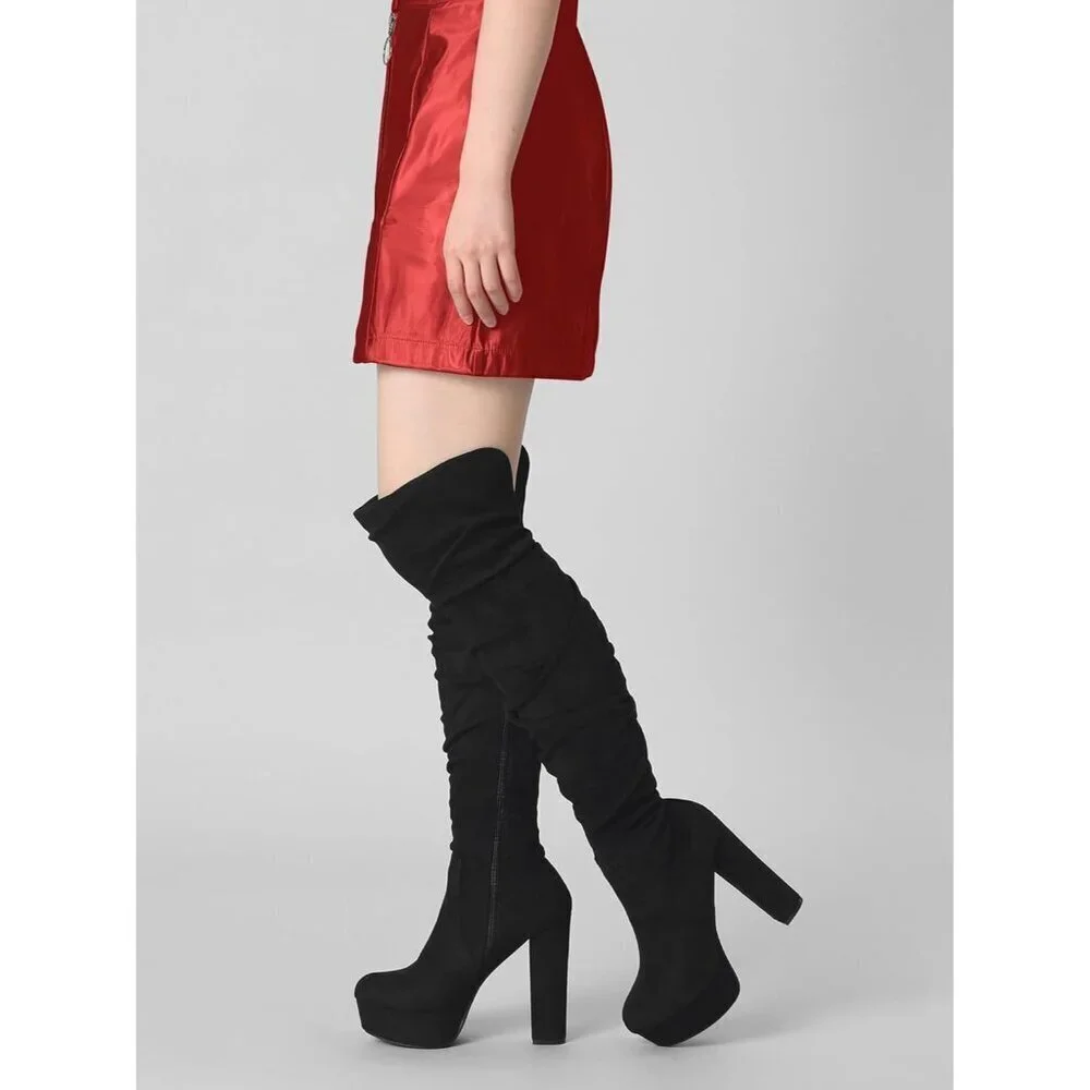 Women Black Platform Round Toe Zipper Slouch Heel Over the Knee Thigh High Boot